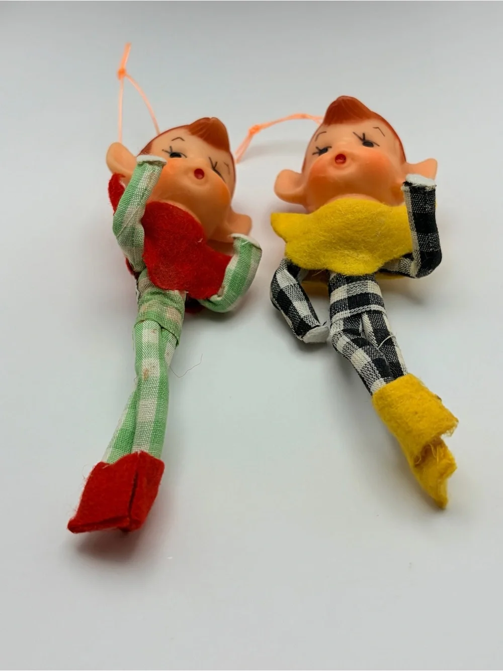 1960s, MCM, Pixie Elf Christmas Ornaments, Checkered Outfits, Japan, 4.25” Tall